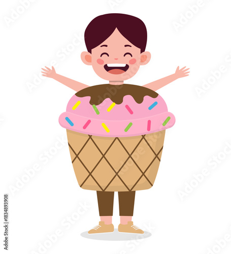 A cartoon boy dressed as an ice cream sundae with arms outstretched.