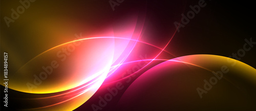 Abstract design features flowing curves, vibrant colors. Warm tones blend with pinks against dark background. Dynamic, modern aesthetic.