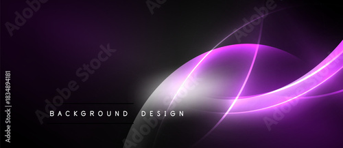 Dark purple background features glowing curved lines. Minimalist design with text elements below curves. Modern aesthetic, vibrant colors.