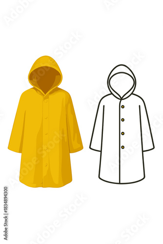 Bright yellow hooded raincoat and black outline for weather protection and fashion