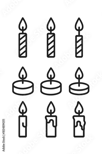 Various burning candles set featuring birthday, tealight, and melting wax designs