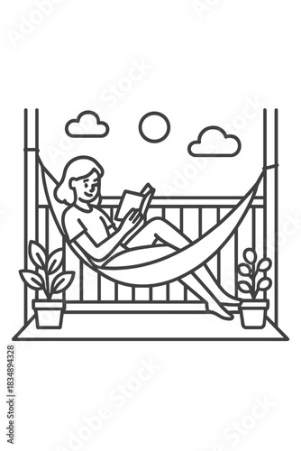 Woman enjoying leisure time reading a book while relaxing in a comfortable hammock on a sunny balcony