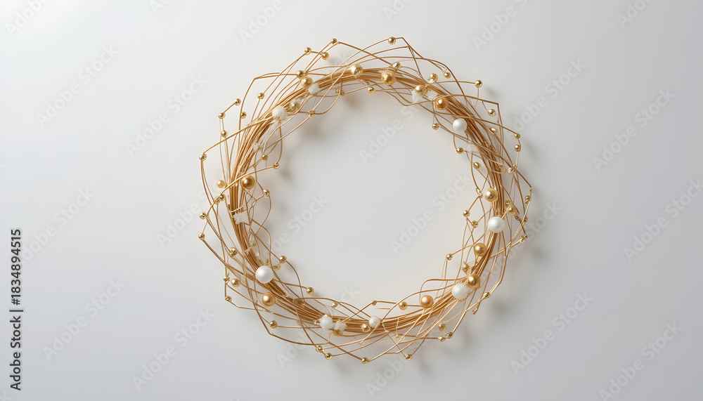 Fototapeta premium Elegant golden Christmas wreath with delicate white and gold ornaments for festive holiday designs and luxurious seasonal promotions, perfect for invitations