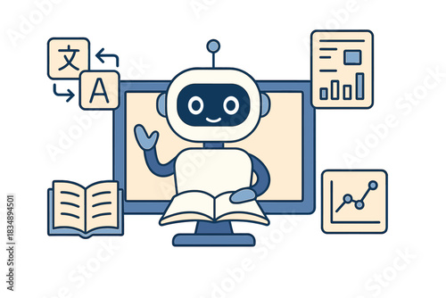 Friendly artificial intelligence robot learning languages with data analysis charts