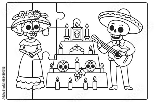 Catrina and musician skeleton playing guitar near a traditional Day of the Dead altar ofrenda