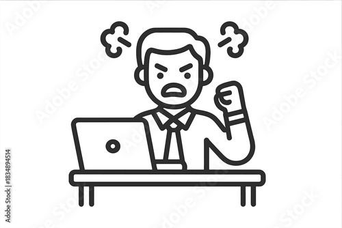 Stressed worker clenching fist with steam rising from head while working at desk