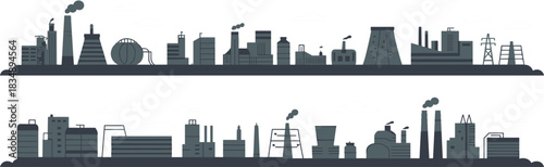 Industrial factory skyline silhouettes with smoke and clouds in two rows industry