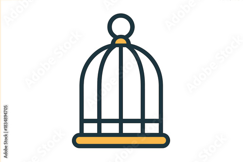 Simple graphic icon of an empty birdcage featuring dark lines and a yellow base