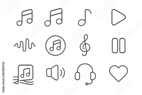 Music player interface controls featuring notes, sound waves, volume, play, and pause