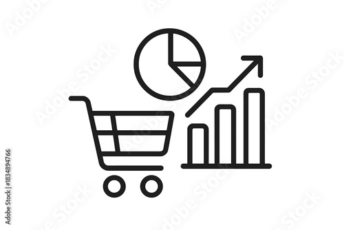 E-commerce sales growth analysis with shopping cart, bar chart, and pie graph symbols