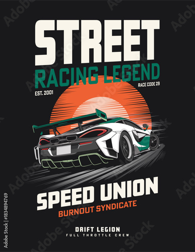 Modern Style Racing Car Illustration with Speed and Street Racing Theme