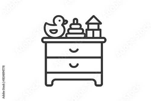 Minimalist drawing of a chest of drawers holding a rubber duck and wooden blocks