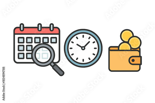 Search icons for business concepts including time, finance, and scheduling