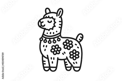Stylized South American llama character decorated with flowers and traditional beaded collar