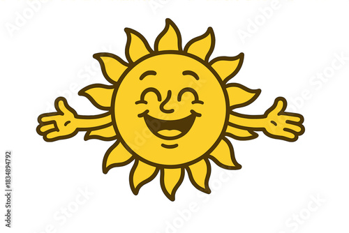 Cheerful cartoon sun mascot with open arms ready for a warm hug or friendly greeting