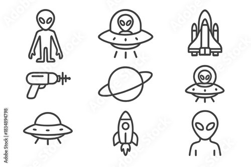 Extraterrestrial life outline icons set featuring UFOs, spaceships, and cosmic elements