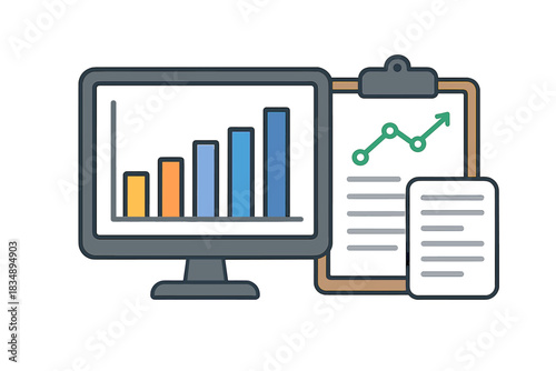 Computer monitor displaying bar chart data next to a clipboard with a rising line graph and report