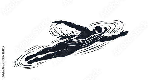 Monochromatic Black and White Illustration of Swimmer in Action