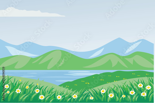 a peaceful landscape featuring rolling green hills a calm lake and white