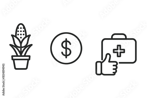 Essential symbols representing agriculture, financial stability, and medical care concepts