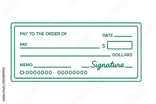 Blank bank check template outline for financial transactions and payment methods