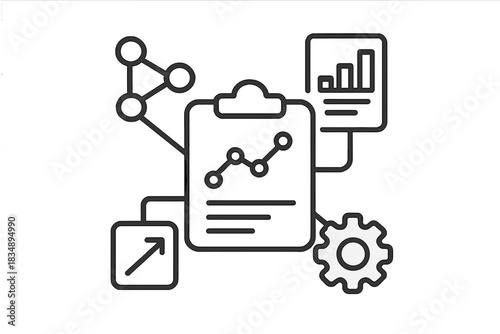 Business data analysis and reporting concept with charts, network diagram, and process management icon