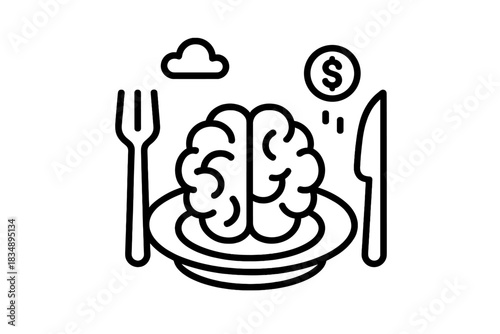 Brain served on plate with dollar sign symbolizing intellectual property and monetization