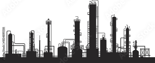 Industrial refinery complex silhouette with distillation towers and pipelines vector illustration
