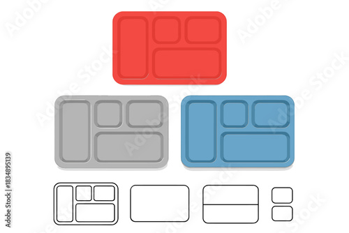 Colorful divided serving trays and outline templates for meal preparation and food service