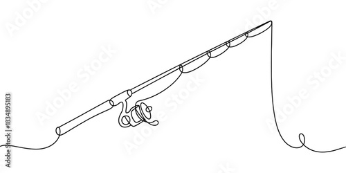 continuous line illustration of a fishing rod with reel and line, suitable for fishing, hobby, sport and outdoor themes.