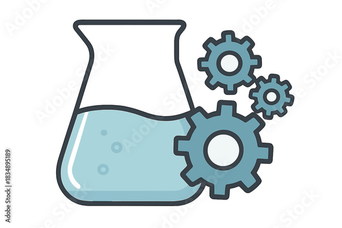 Chemical laboratory flask filled with blue liquid and mechanical gears representing scientific process
