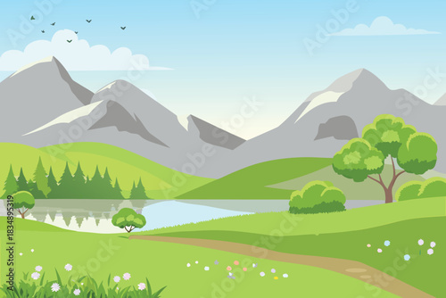 a peaceful landscape showing mountains a lake green fields and a clear