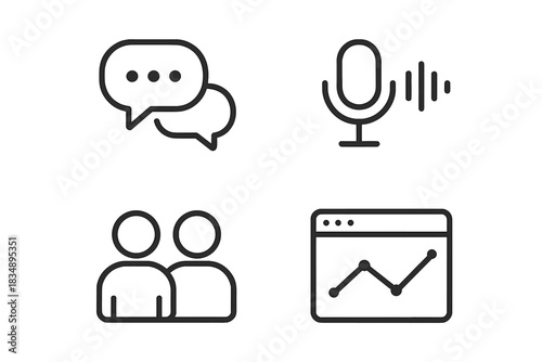 Outline icons for chat, voice recording, user group, and financial data analysis