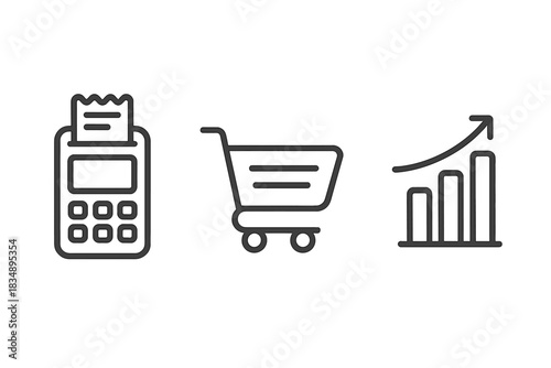 E-commerce retail business concepts including payment terminal shopping cart and growth chart