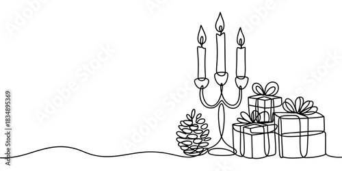 Elegant illustration featuring candles, wrapped gifts, and a pinecone, perfect for holiday designs, winter themes, and festive decorations.