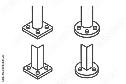 Isometric outline icons of structural column base plates and mounting flanges