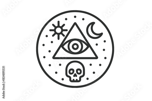 Occult mystical symbol with all-seeing eye pyramid, crescent moon, sun, and skull