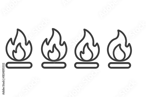 Four simple outline icons depicting burning flames or bonfire symbols for heat and energy concepts