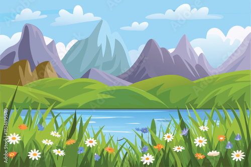 a serene landscape featuring blue water green hills and purple mountains high quality