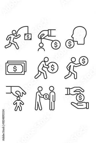 Financial concepts, business ethics, debt, bribery, and money transaction icons