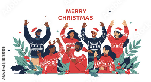 Joyful Christmas Celebration: Diverse Group of People Celebrating Together.