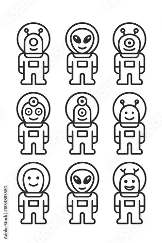 Collection of cute cartoon extraterrestrial characters wearing space helmets and suits