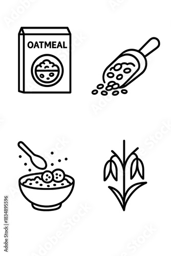 Oatmeal breakfast food items including cereal box, serving scoop, and oat plant