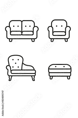 Minimalist outline symbols of sofa, armchair, chaise lounge, and ottoman seating