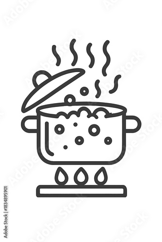 Minimalist cooking pot boiling on a stove with rising steam