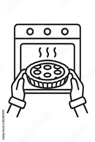 Hands putting a freshly baked pie into or taking it out of a hot kitchen oven