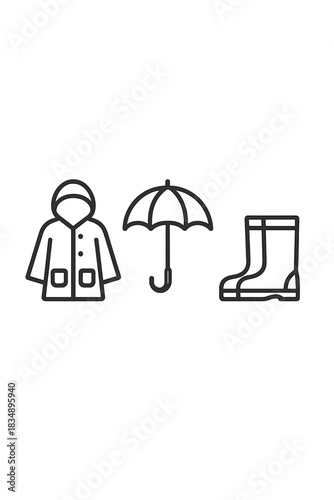 Waterproof jacket, umbrella, and rubber boots essential items for rainy weather