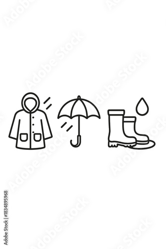 Outline symbols of raincoat, umbrella, and rubber boots for rainy weather