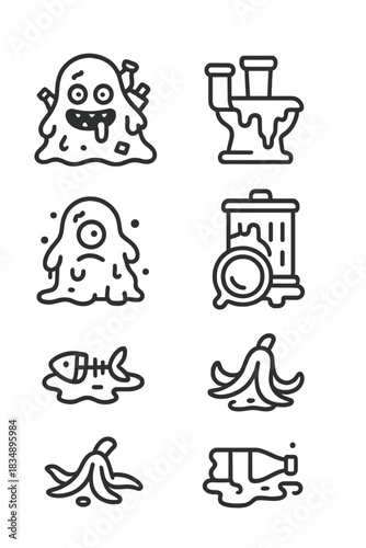 Collection of icons depicting waste, dirt, garbage, and funny cartoon slime monsters