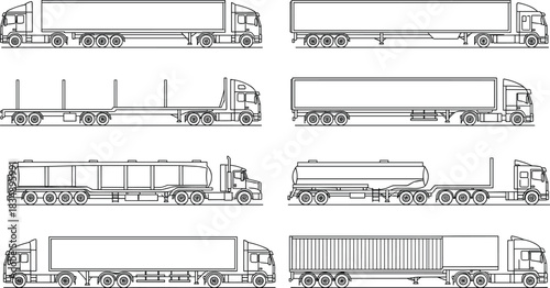 Trucking Industry Outline Illustrations Set Featuring Various Semi-Trailer Trucks for Logistics, Transportation, Cargo, Freight, and Delivery Services Across Global Routes.